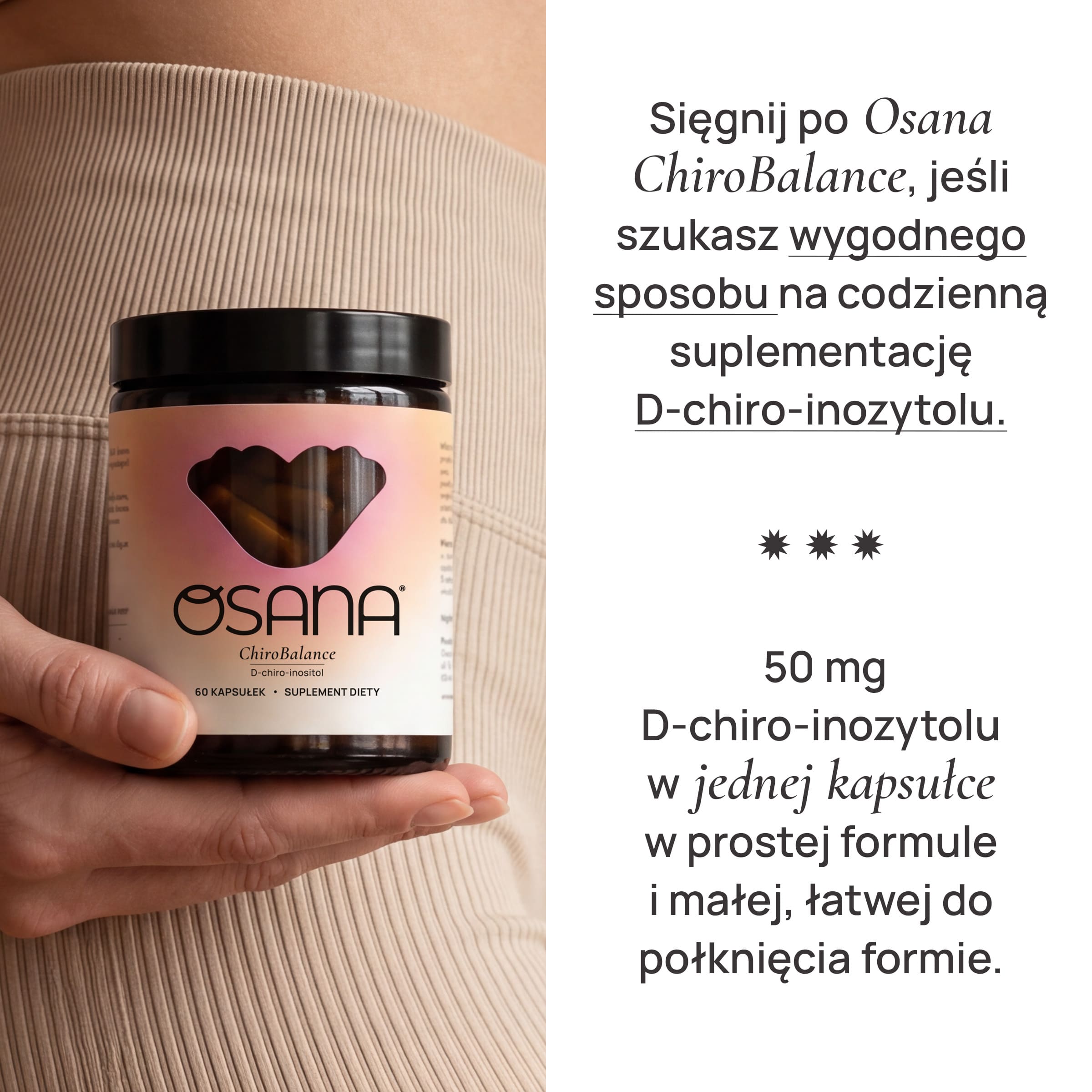 Dłoń trzyma słoik Osana ChiroBalance z D-chiro-inozytolem