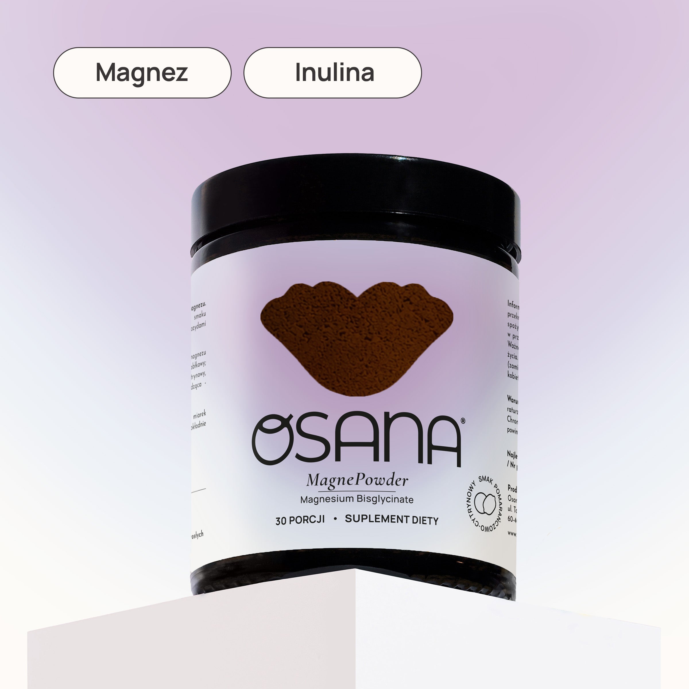 Osana MagnePowder - packshot z badge Magnez i Inulina