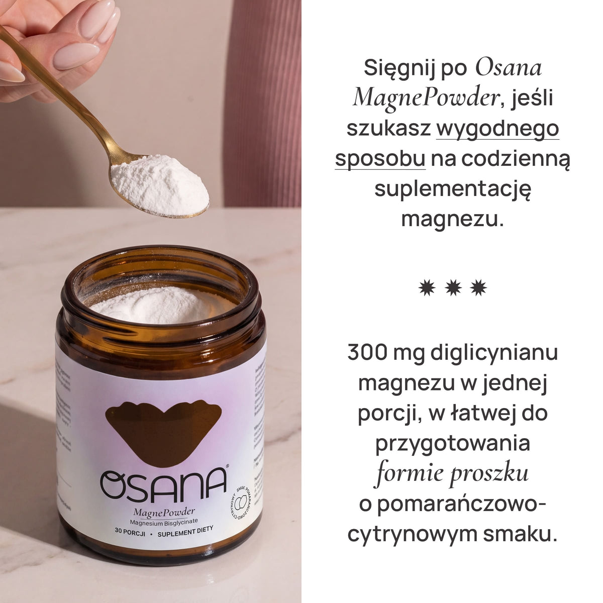 Łyżeczka proszku nad otwartym słoikiem Osana MagnePowder o smaku pomarańczowo-cytrynowym