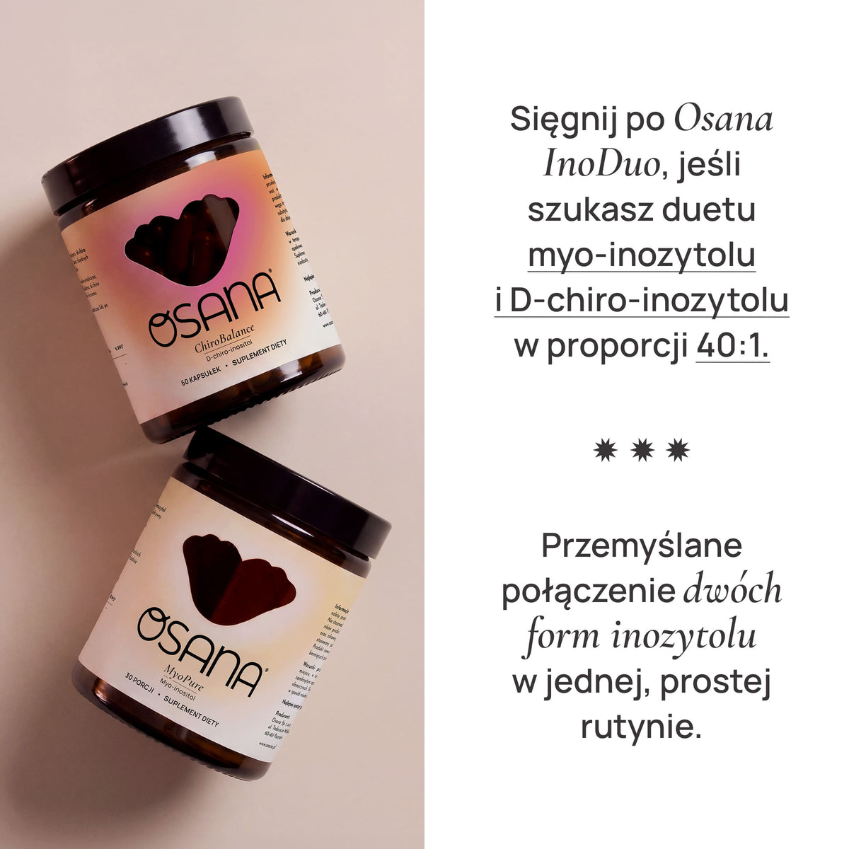 Dwa słoiki zestawu Osana InoDuo - MyoPure w proszku i ChiroBalance w kapsułkach