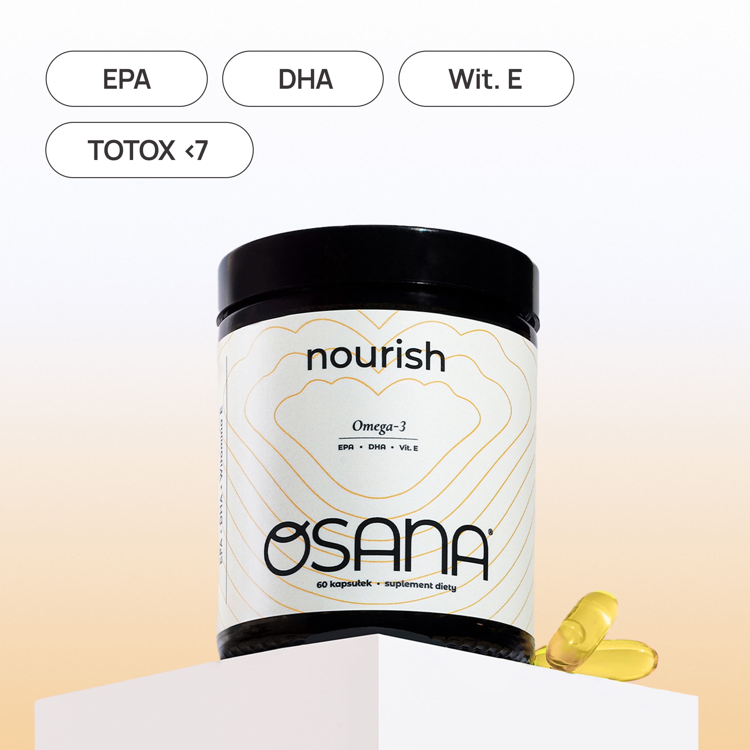 Osana Nourish Omega-3 - słoik suplementu z oznaczeniami: EPA, DHA, witamina E, TOTOX poniżej 7