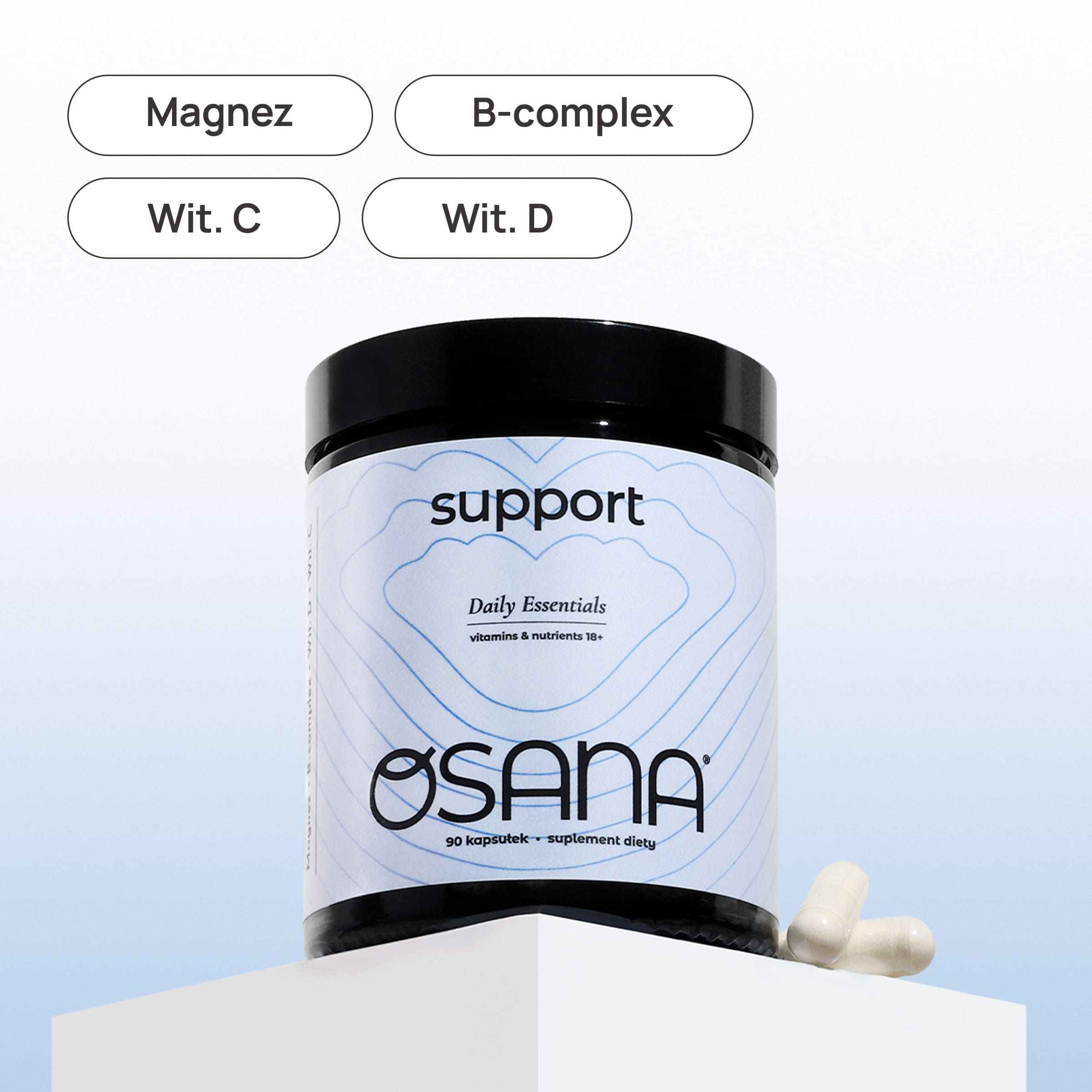 Osana Support Daily Essentials - słoik suplementu z oznaczeniami: magnez, B-complex, witamina C, witamina D