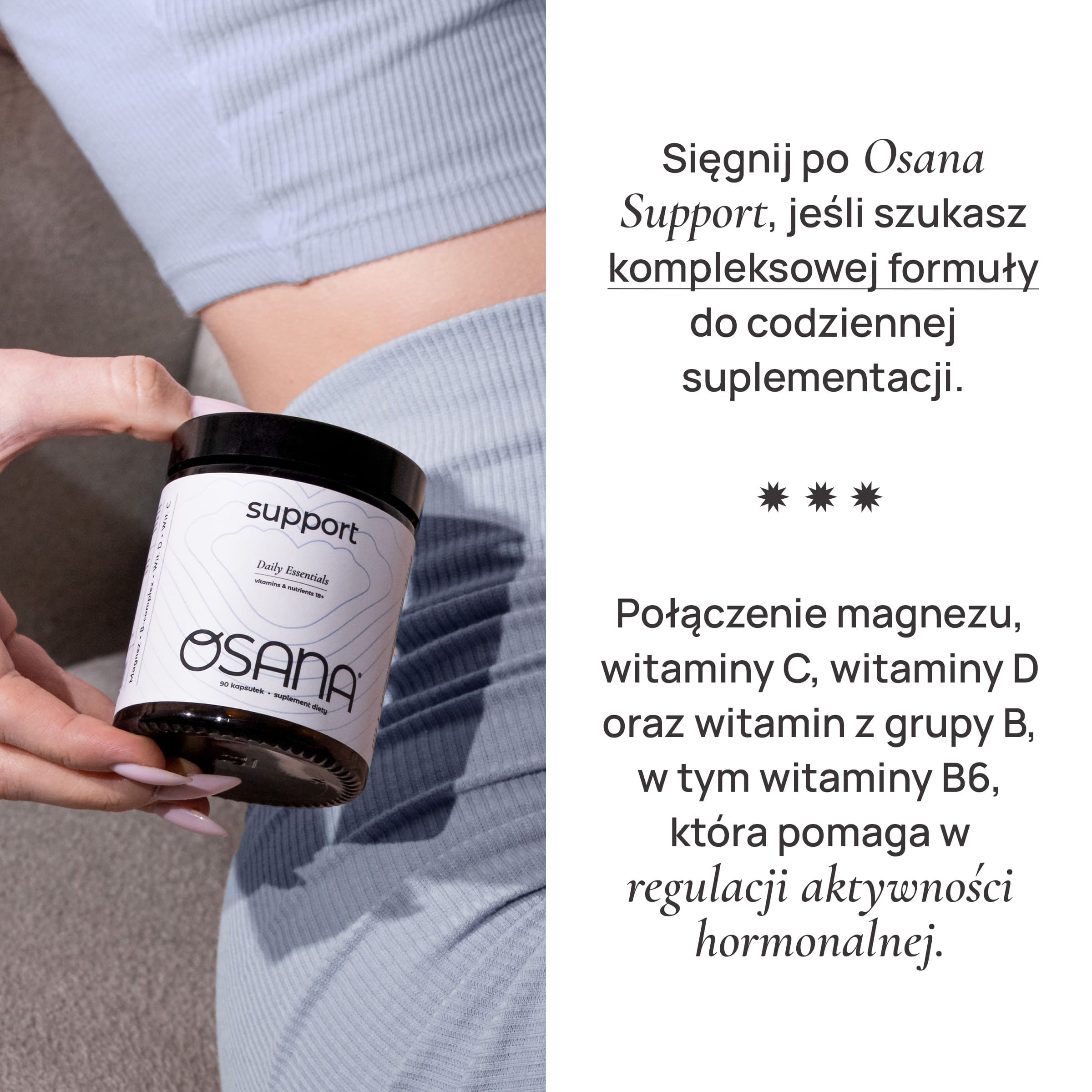 Kobieta w błękitnym topie trzyma słoik Osana Support Daily Essentials