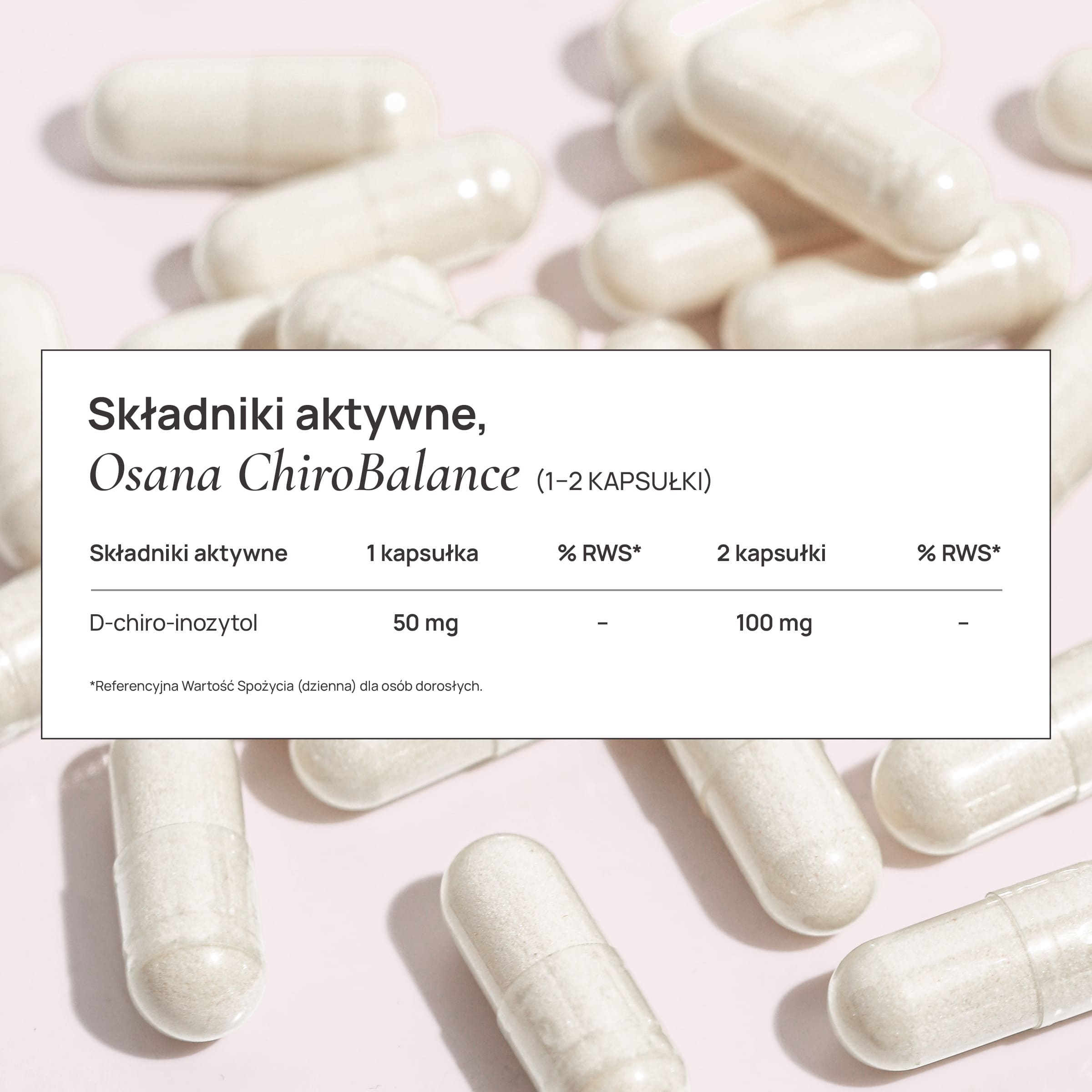 Tabela składników aktywnych Osana ChiroBalance: D-chiro-inozytol w jednej i w dwóch kapsułkach