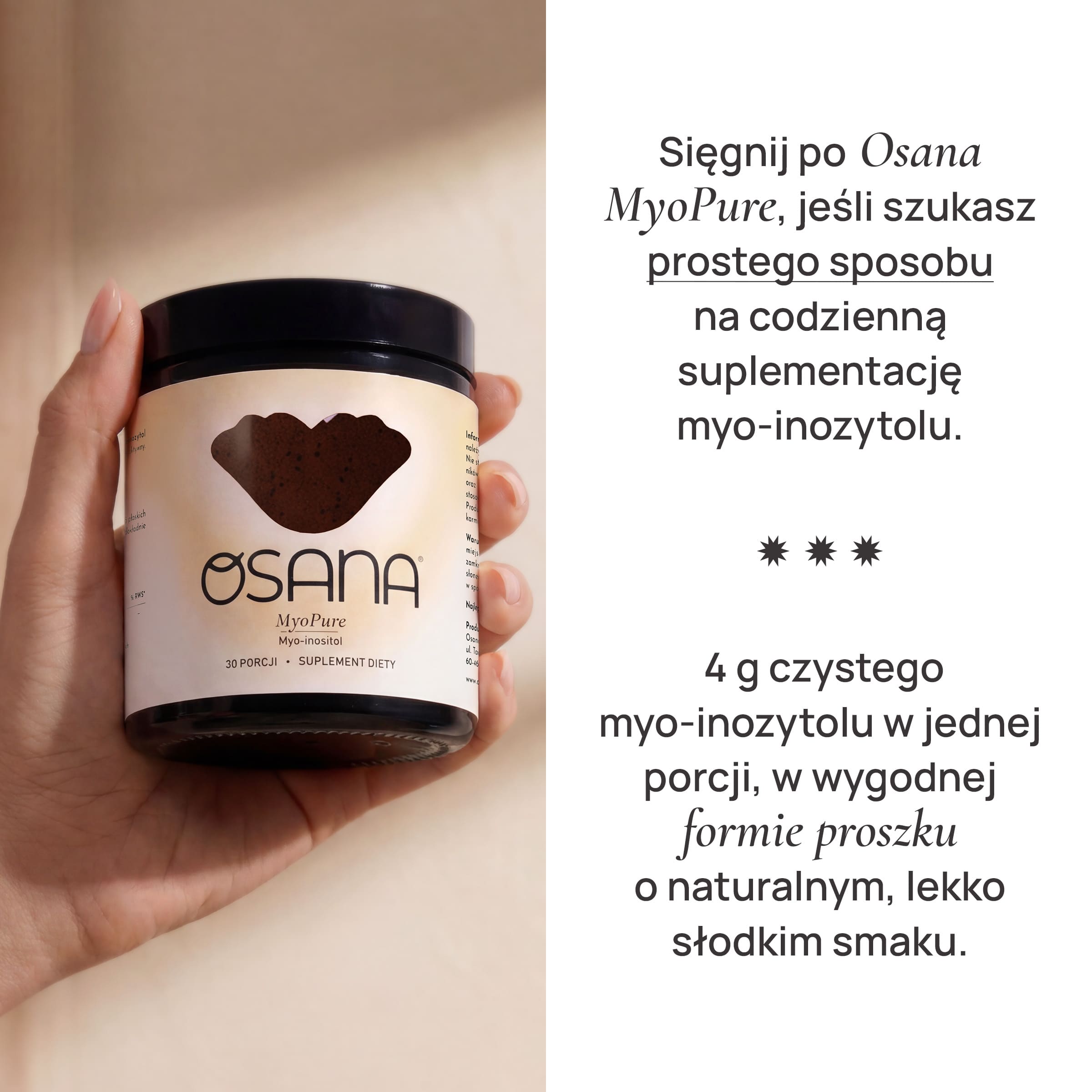 Dłoń trzyma słoik Osana MyoPure z myo-inozytolem w proszku