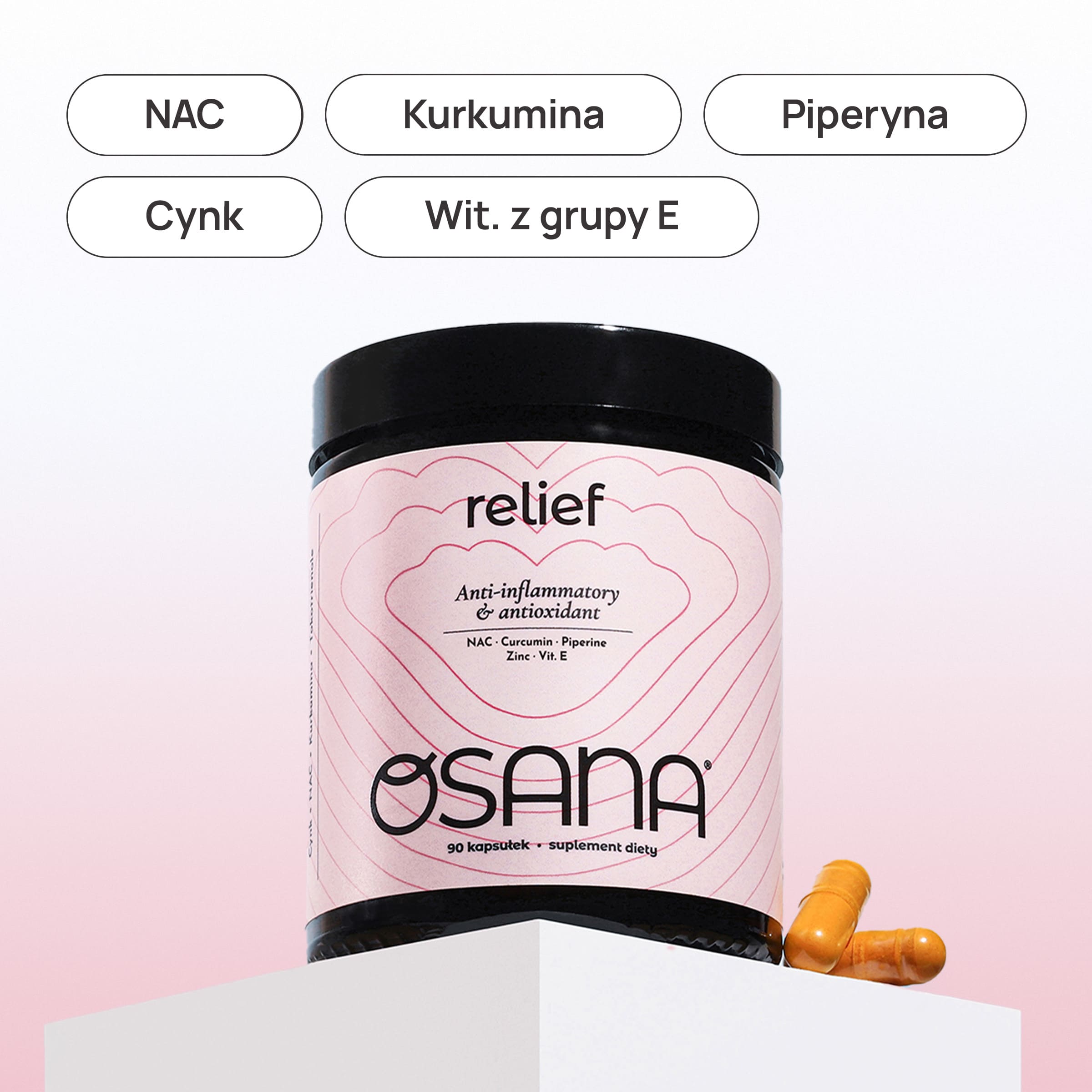 Osana Relief - słoik suplementu z oznaczeniami: NAC, kurkumina, piperyna, cynk, witaminy z grupy E