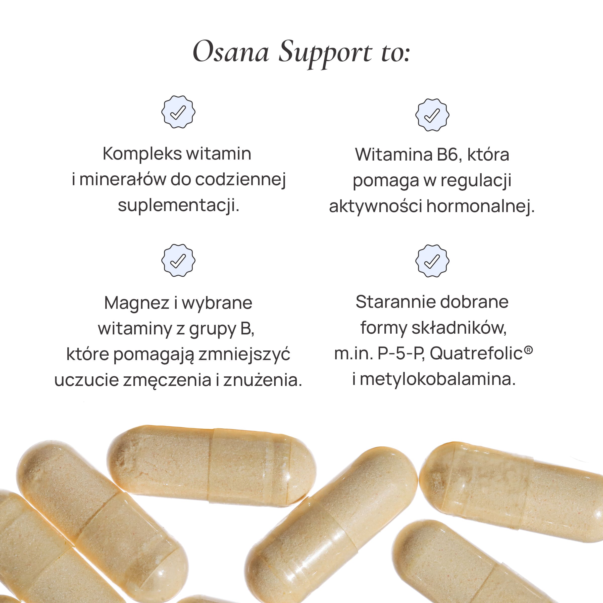 Cztery cechy Osana Support opisane obok jasnych kapsułek suplementu