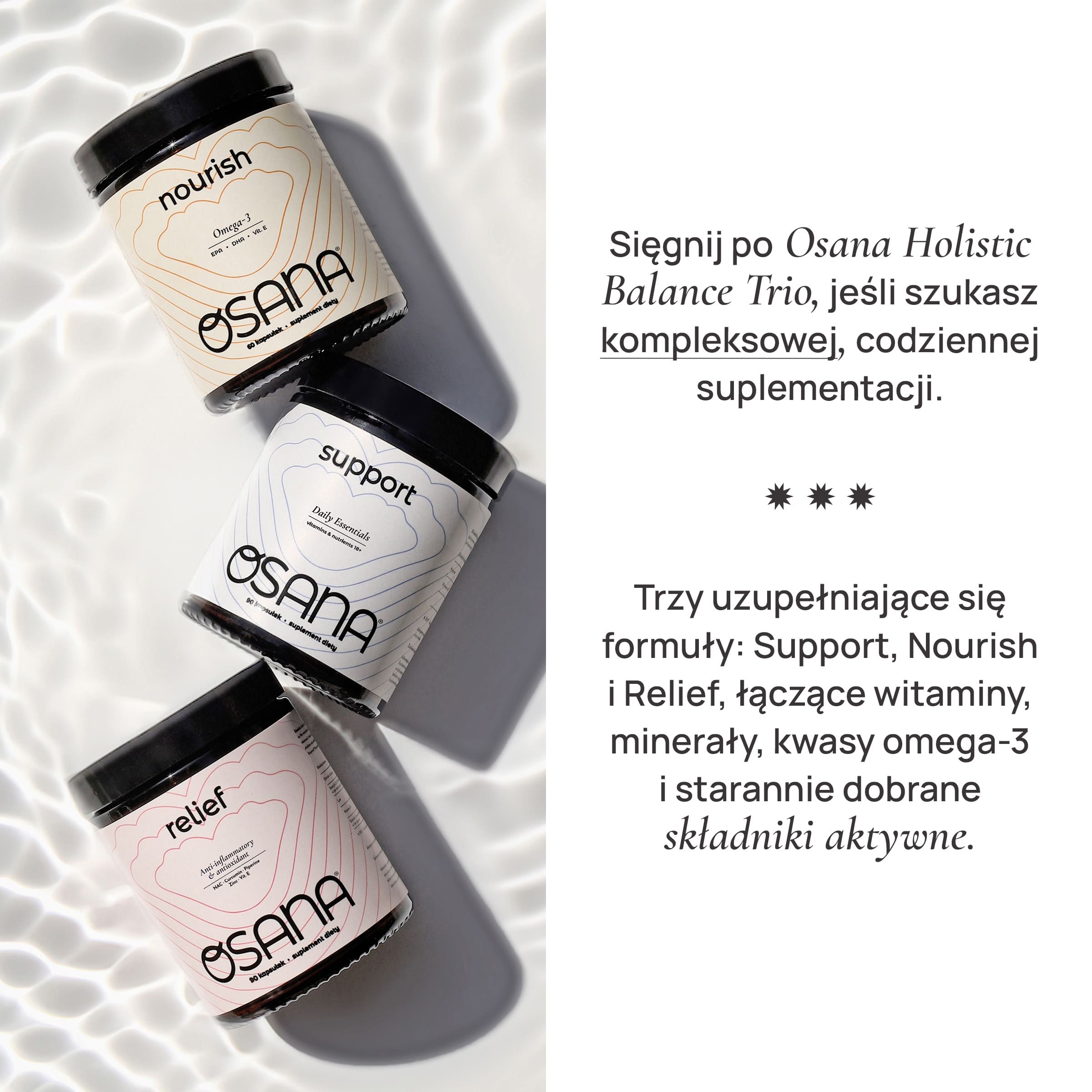Trzy słoiki zestawu Osana Holistic Balance Trio: Nourish, Support i Relief